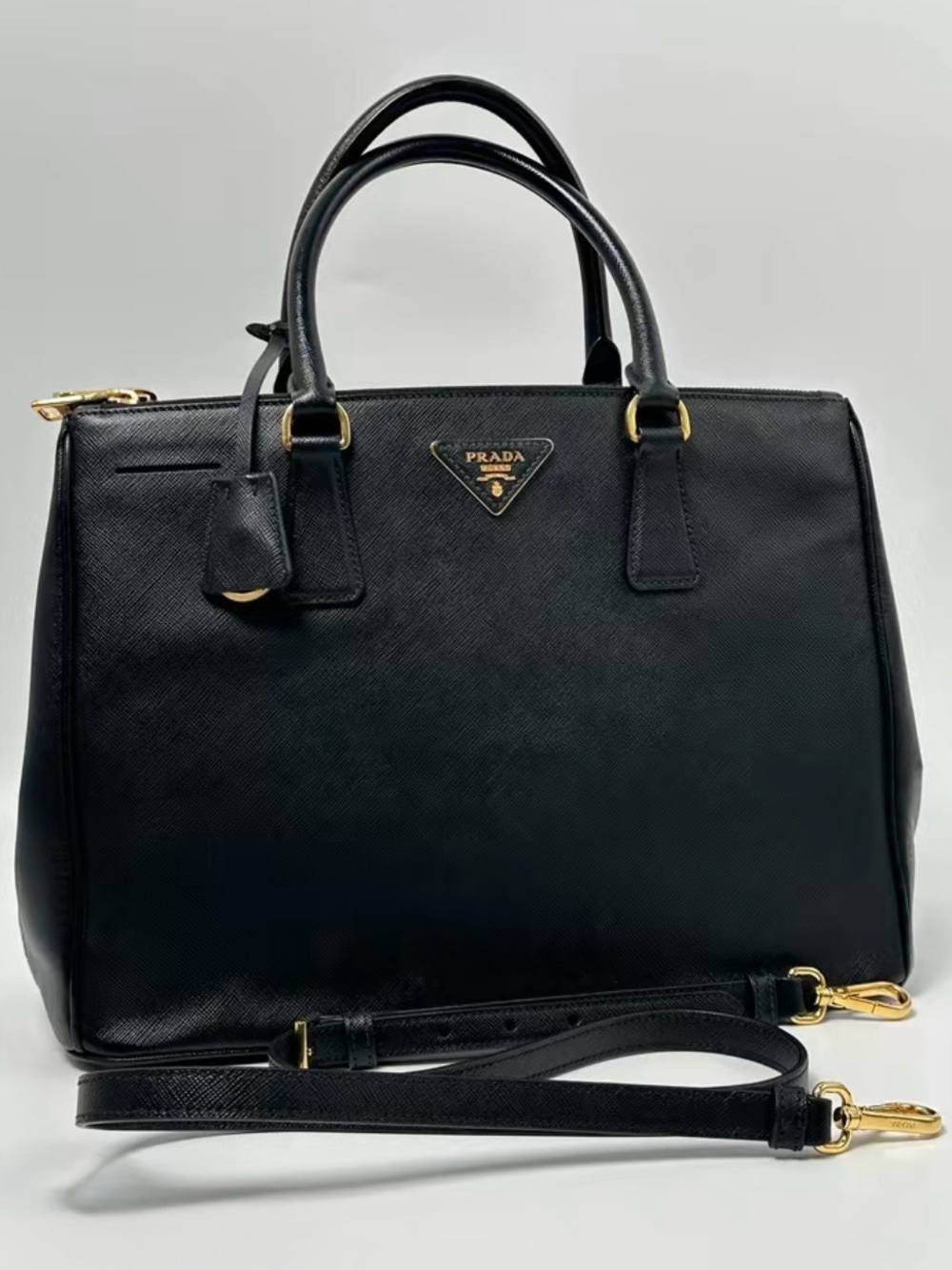 Prada Black Saffiano Leather Satchel with Gold Hardware